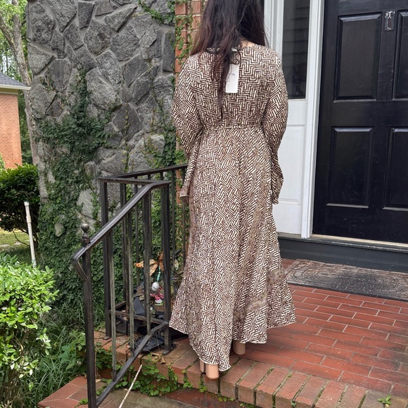 SILK BLEND BOHO Geometric Patterned Brown Maxi Dress - Picture 8 of 8